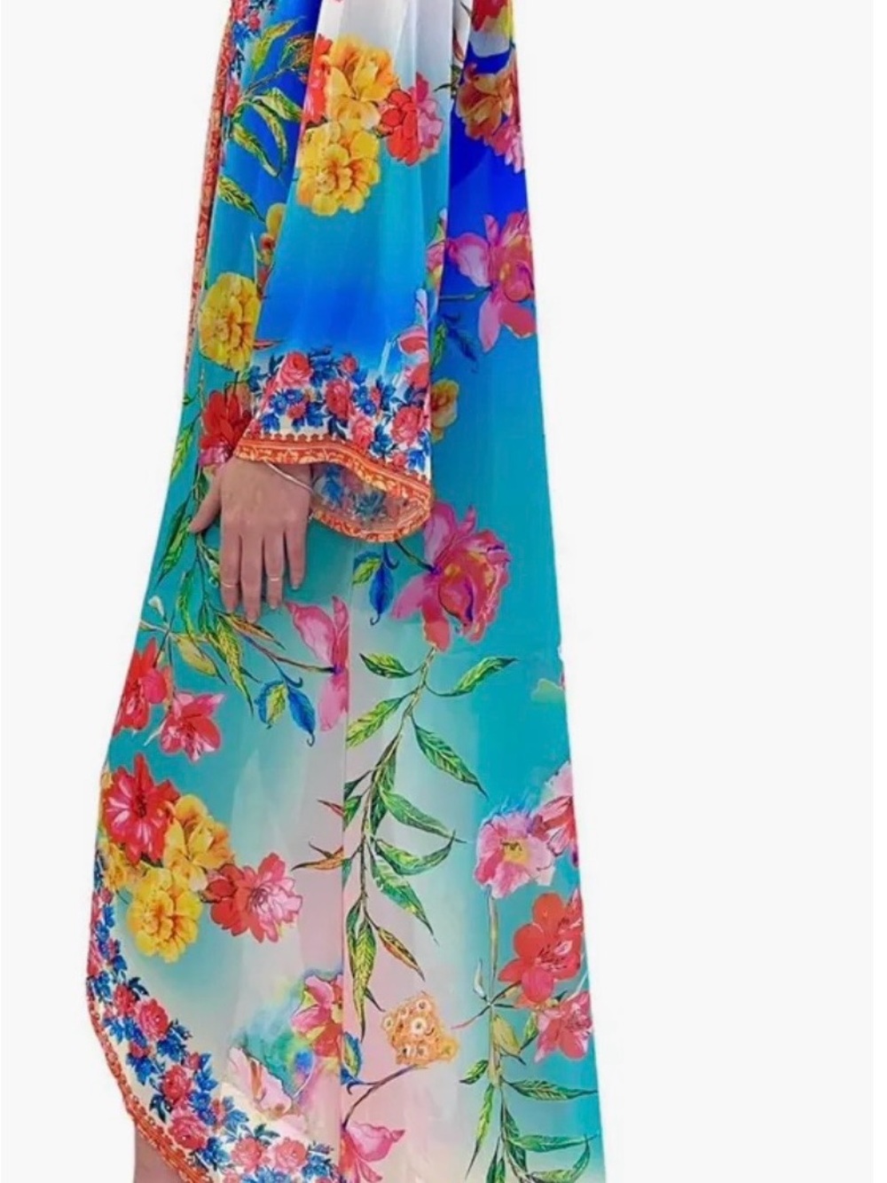 Ranees Miami Kimono Duster L XL Hand Painted Rhinestone Open Front Maxi Cover Up